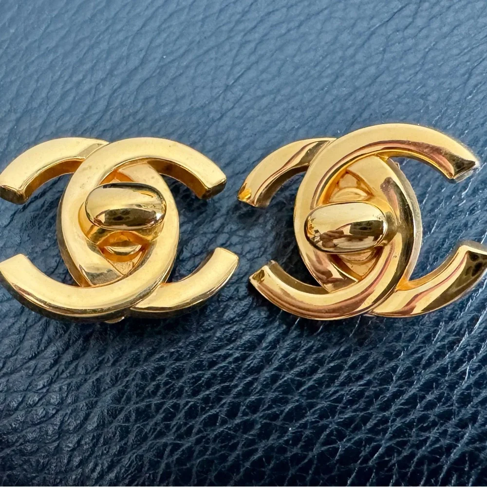Authentic CHANEL Gold Interlocking CC Earrings